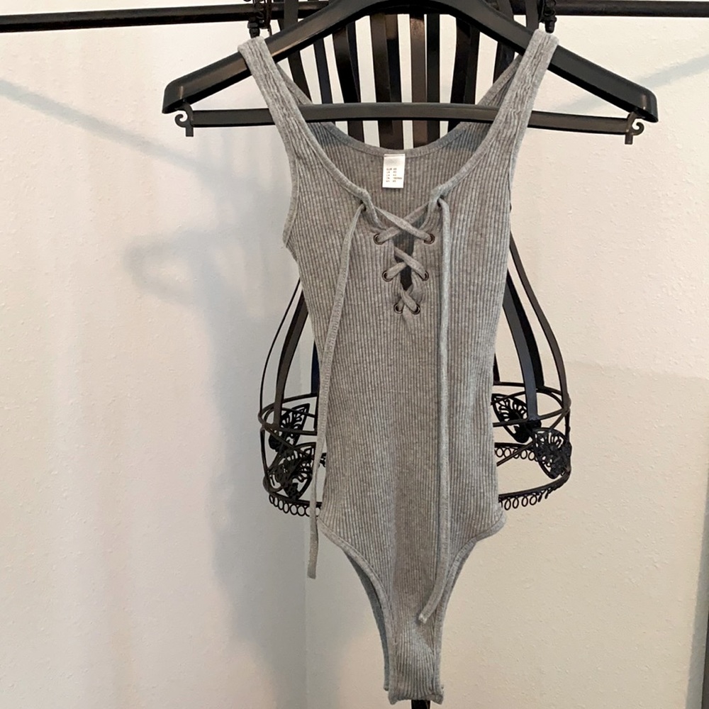 NEW Front Lace Up Bodysuit Tank Grey Stretchy